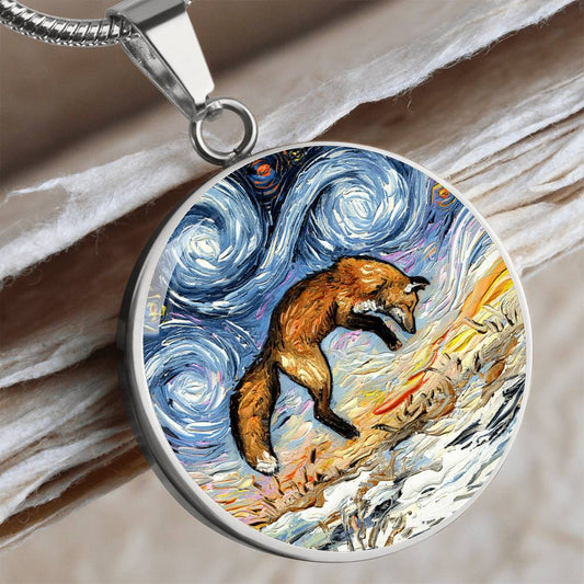 Pounce Jumping Fox Starry Night Round Necklace