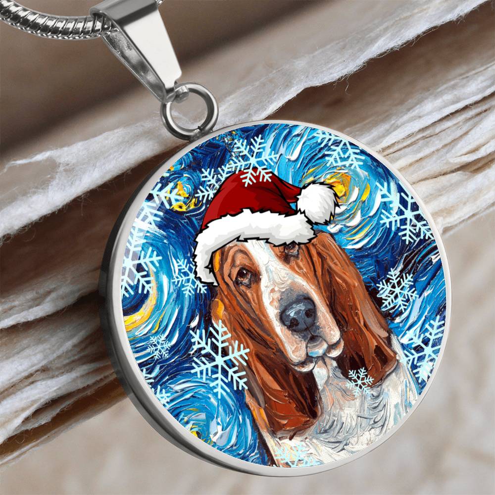 Basset Hound In Santa Hat Starry Night Round Necklace.
