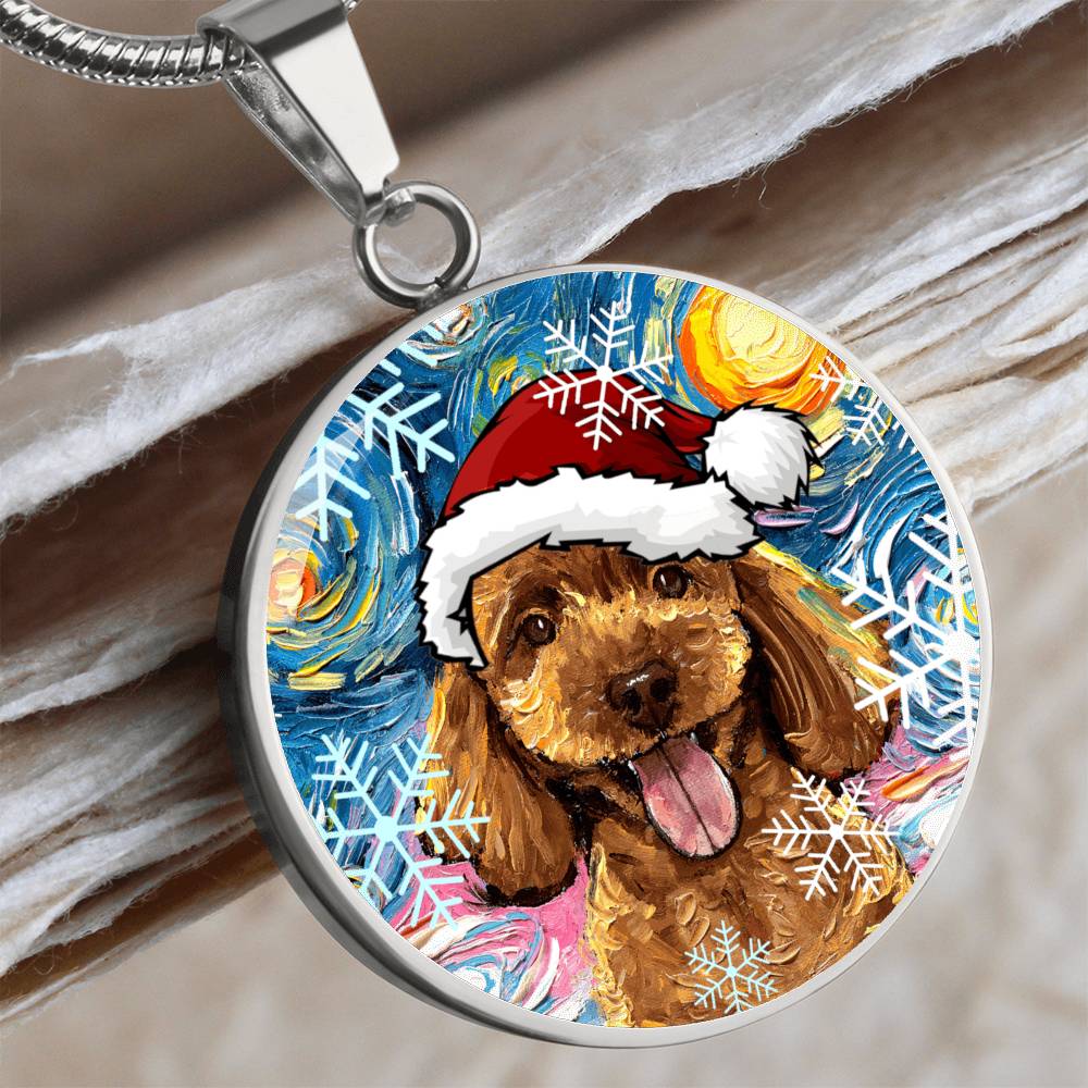 Apricot Poodle In Santa Hat Starry Night Round Necklace