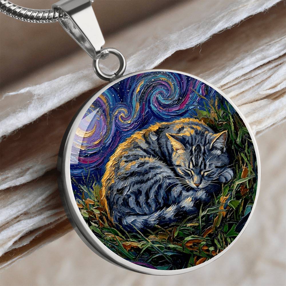 Sleepy American Shorthair Tabby Round Necklace