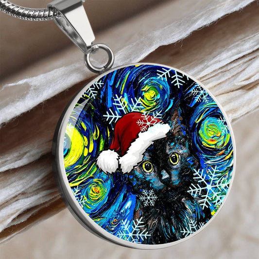 Black Cat In Santa Hat Starry Night Round Necklace