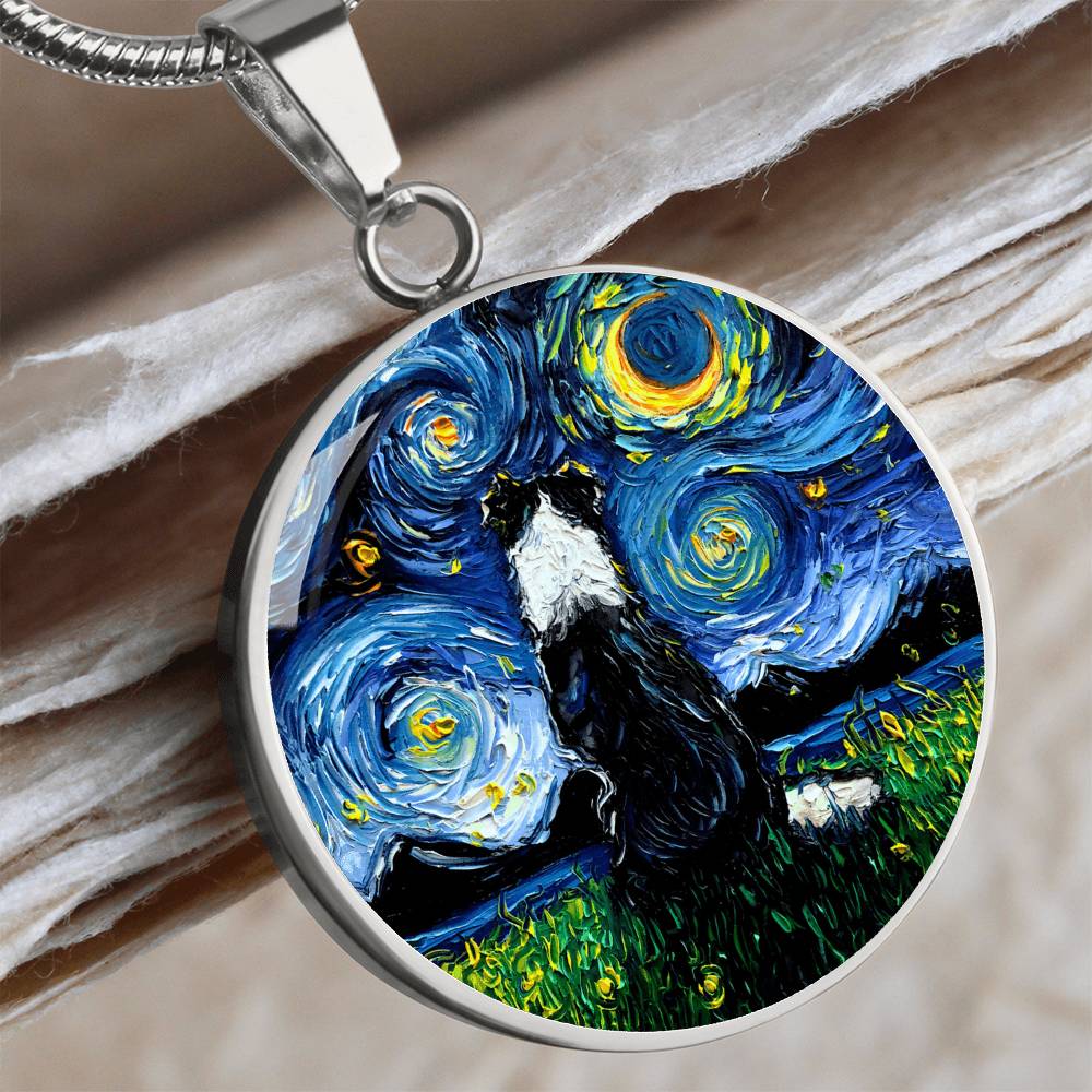 Border Collie Back Starry Night Round Necklace