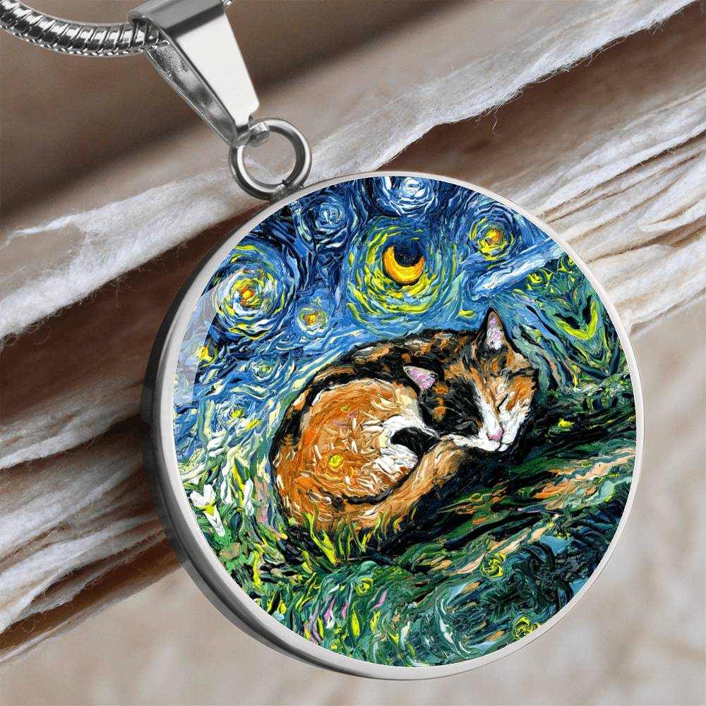 Sleeping Calico Cat Starry Night Round Necklace