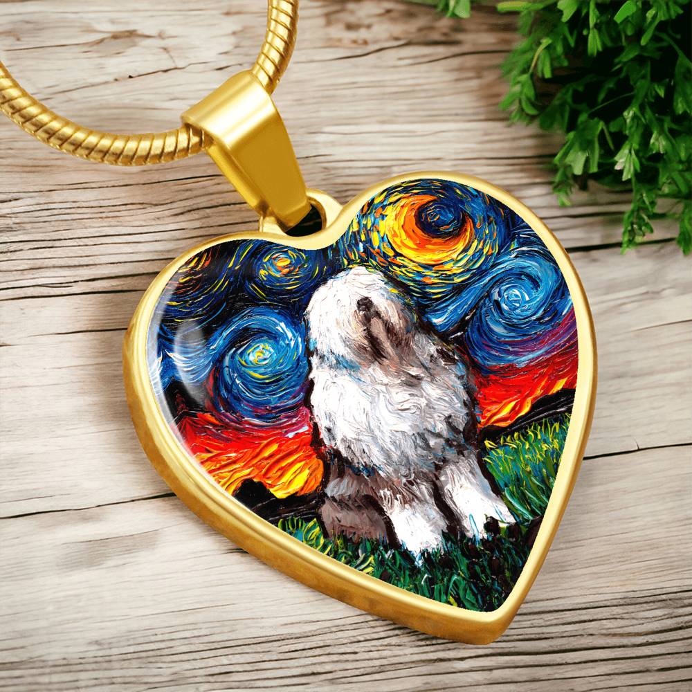 English Sheepdog Starry Night Heart Necklace