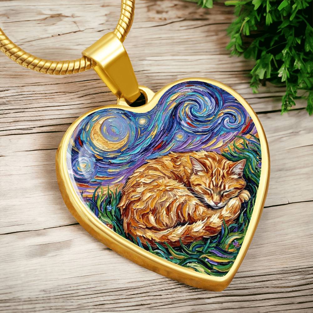 Sleepy Orange Tabby Night Heart Necklace