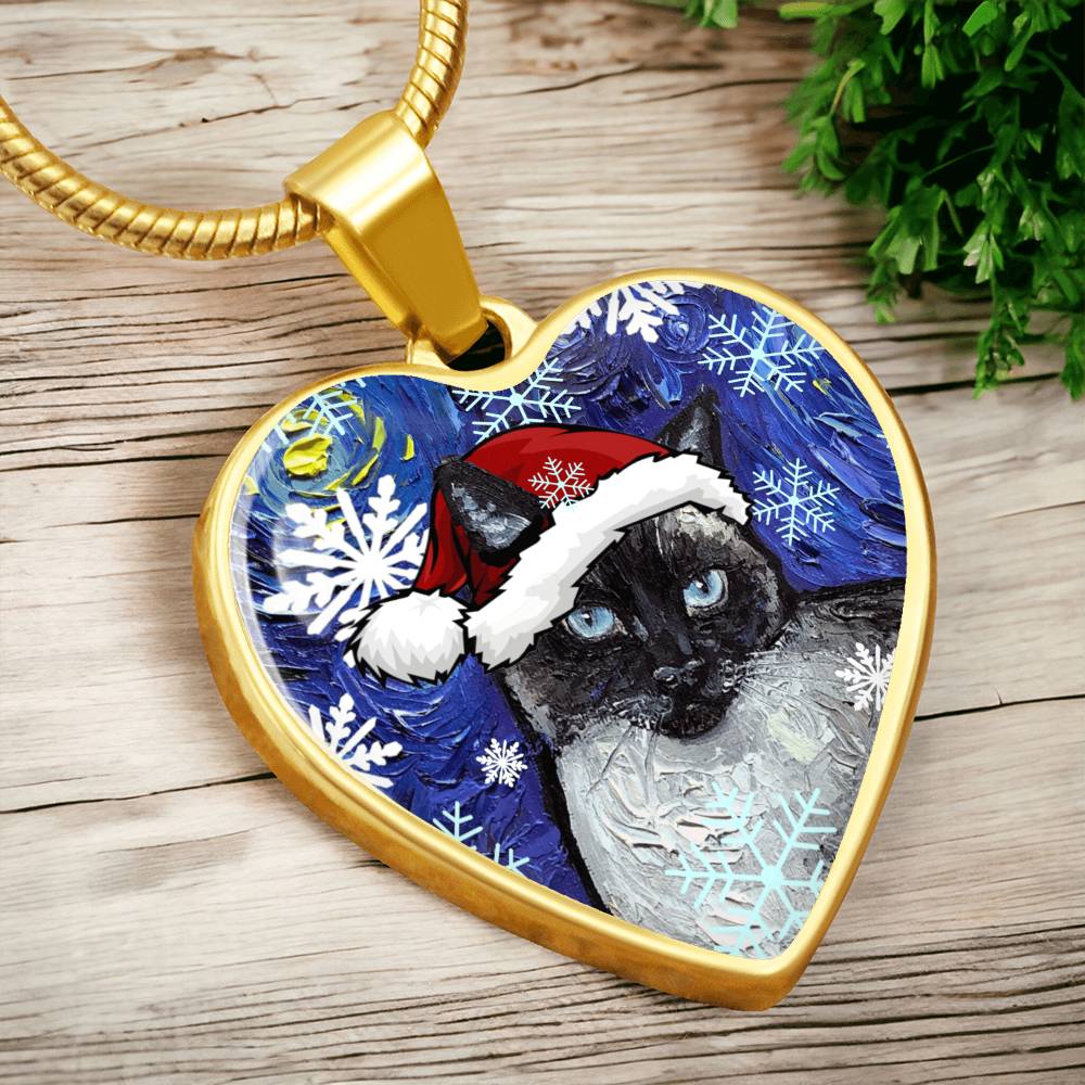 Siamese Cat Christmas Heart Necklace