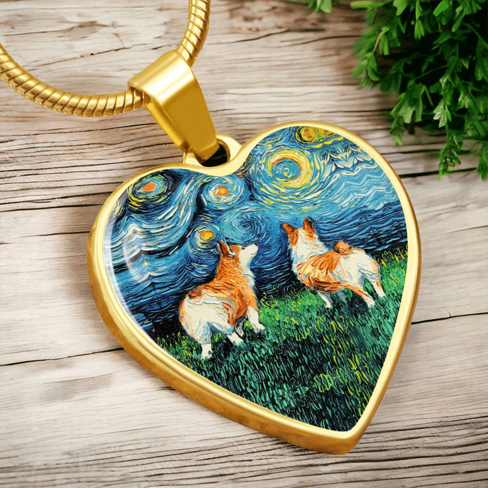 Corgi Starry Night Heart Necklace