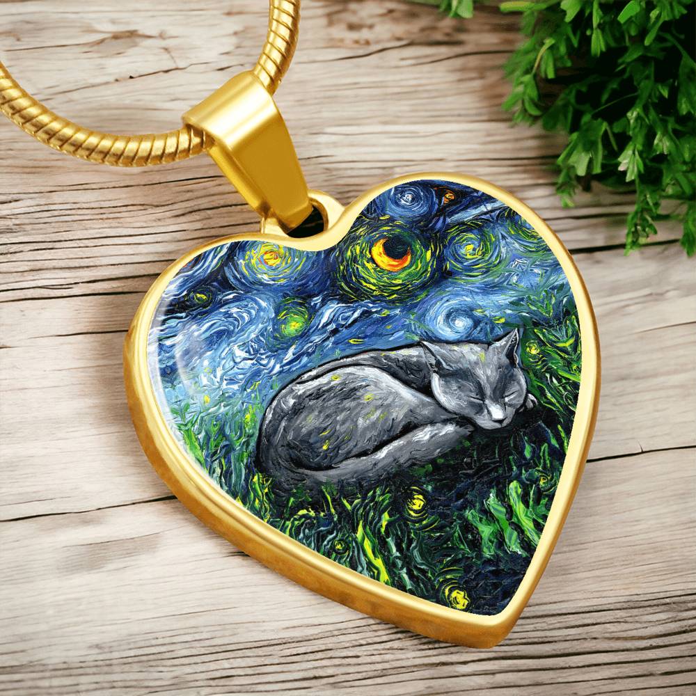 SleepingRussian Blue Cat Starry Night Heart Necklace