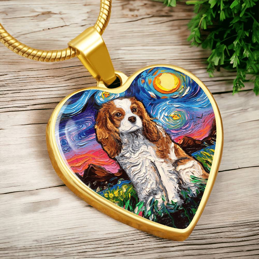Blenheim Cavalier Spaniel Starry Night Heart Necklace