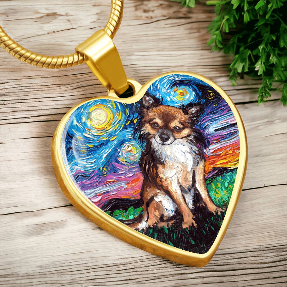 Long Hair Brown Chihuahua Starry Night Heart Necklace