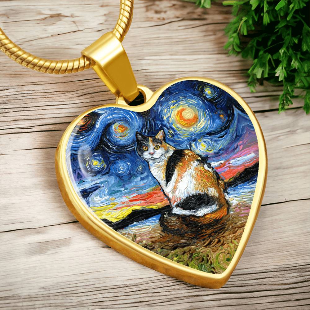 Calico Cat Starry Night Heart Necklace