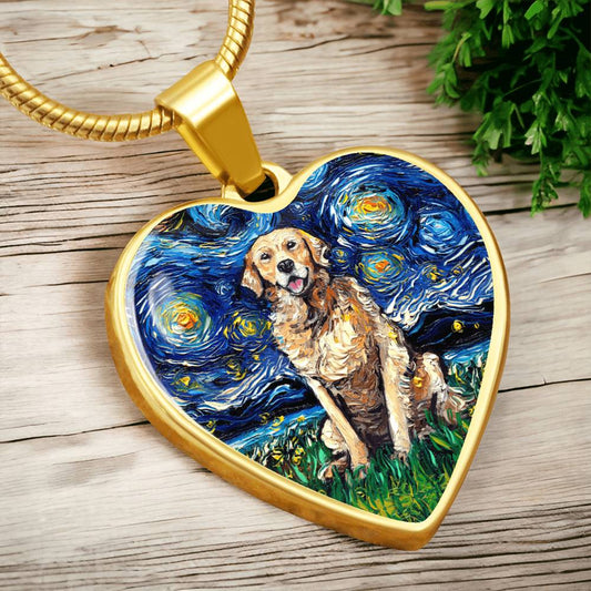Golden Retriever Starry Night Heart Necklace