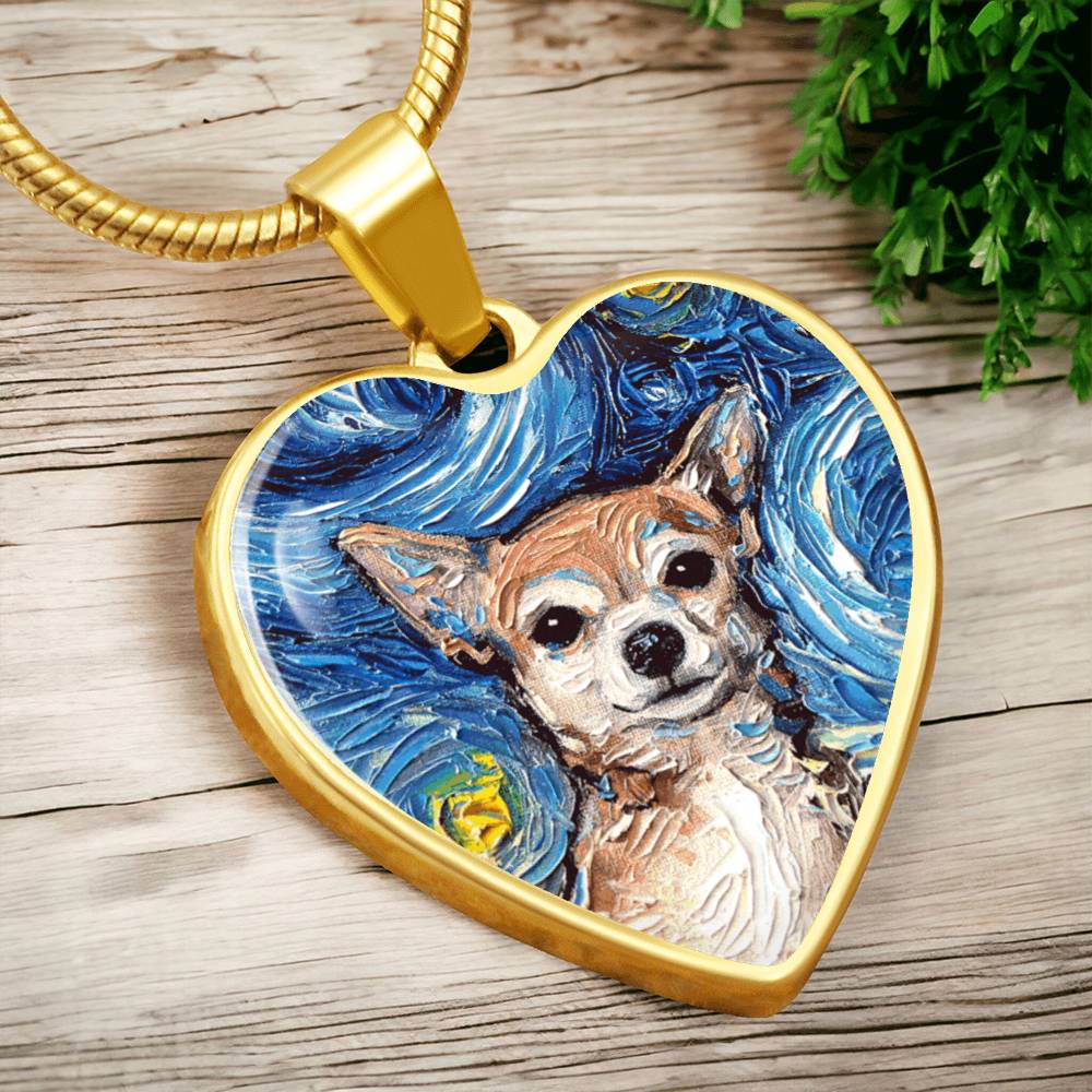 Chihuahua Portrait Starry Night Heart Necklace