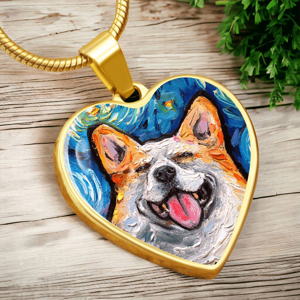 Smiling Corgi Portrait Starry Night Heart Necklace
