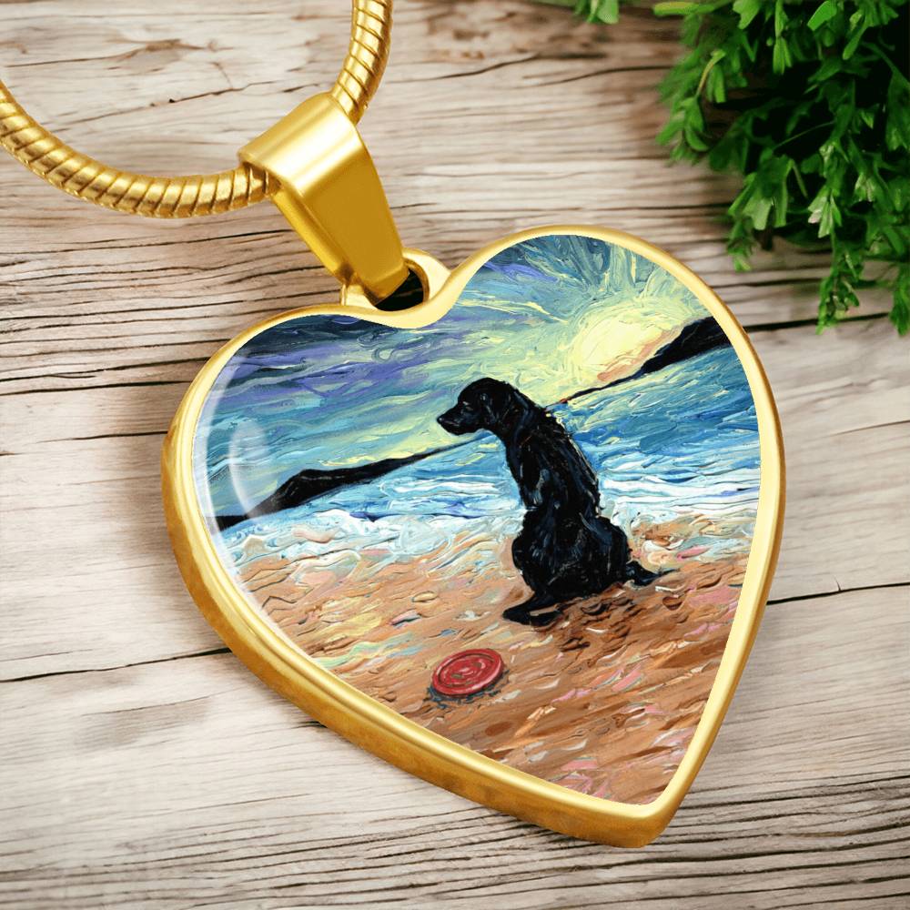 Beach Days - Black Labrador with Frisbee Heart Necklace