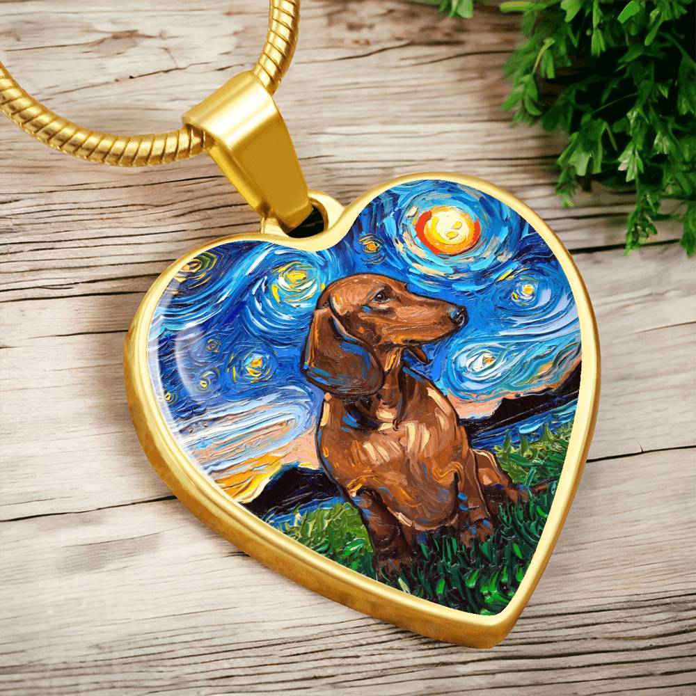 Brown Dachshund Starry Night Heart Necklace