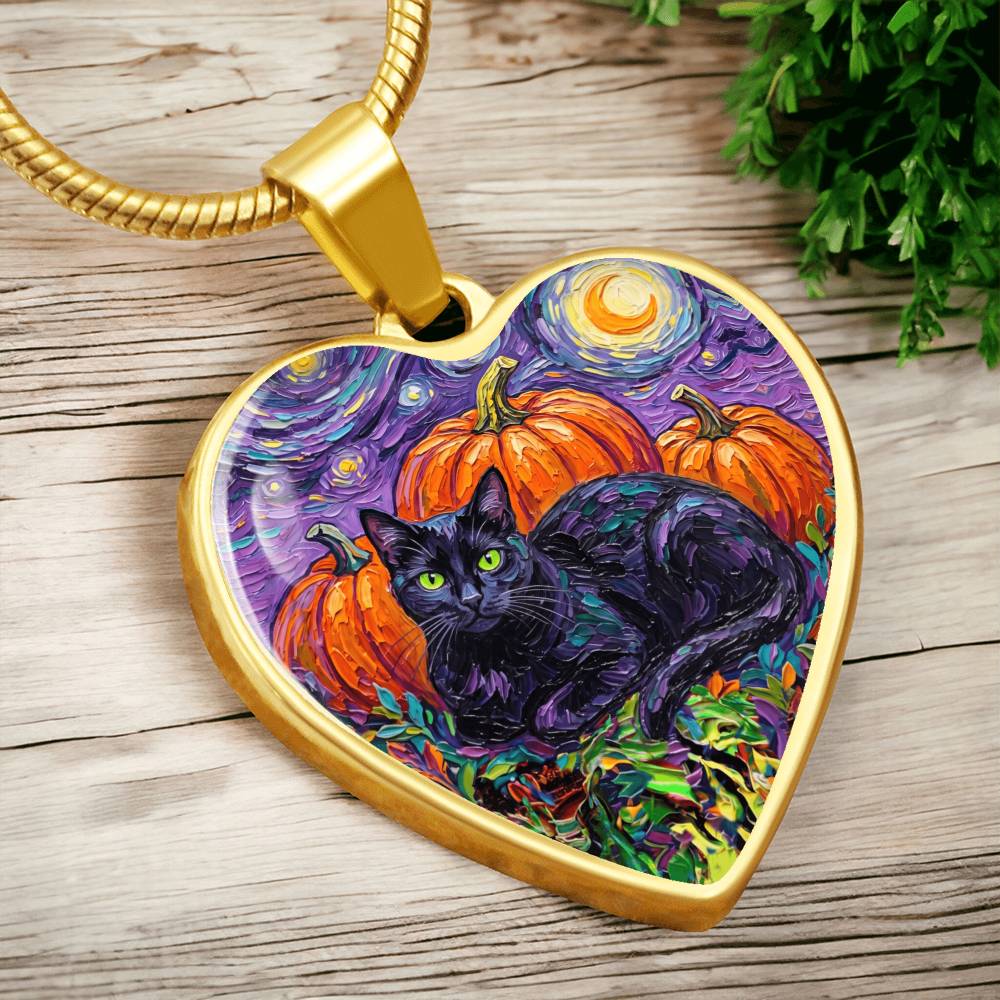 Harvest Moon Black Cat Heart Necklace
