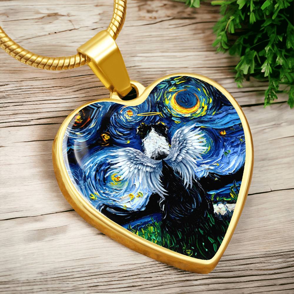 Angel Border Collie Starry Night Heart Necklace