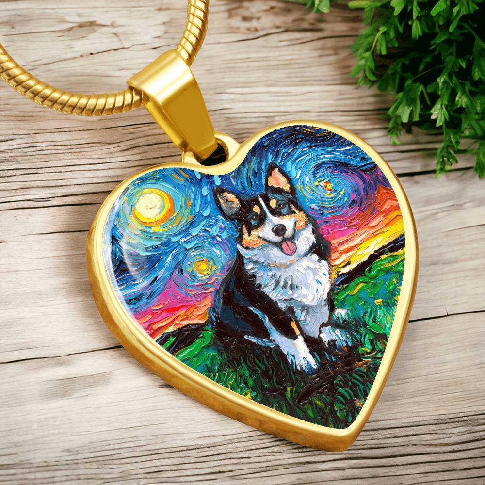 Tri Color Corgi Starry Night Heart Necklace