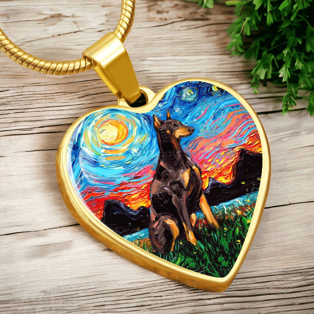 Red Doberman Starry Night Heart Necklace