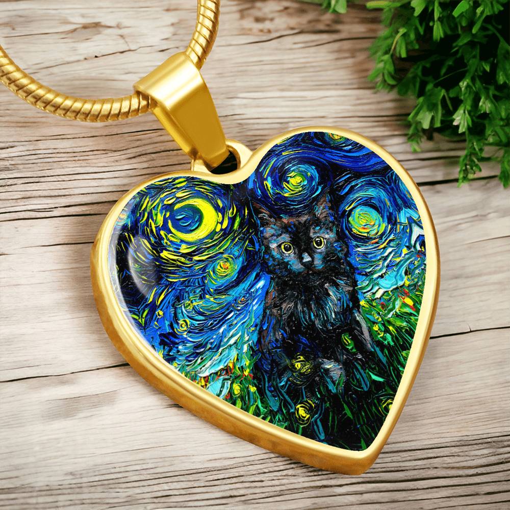 Black Cat Portrait Starry Night Heart Necklace