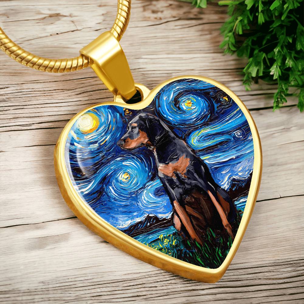 Black and Tan Coonhound Starry Night Heart Necklace