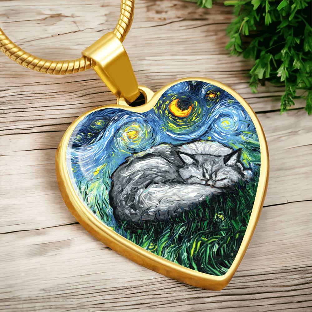 Sleeping Persian Cat Starry Night Heart Necklace