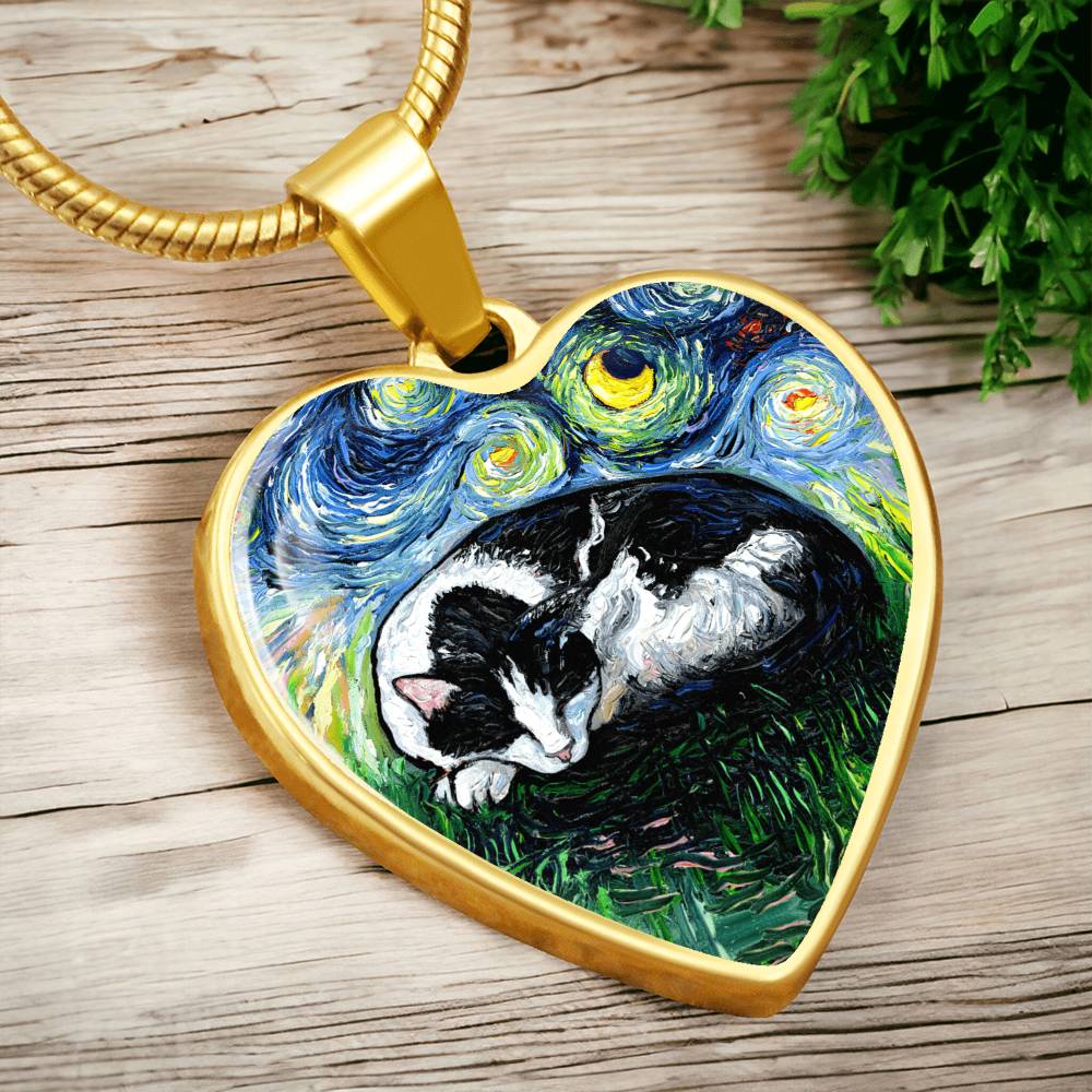 Sleeping Tuxedo Cat Starry Night Heart Necklace
