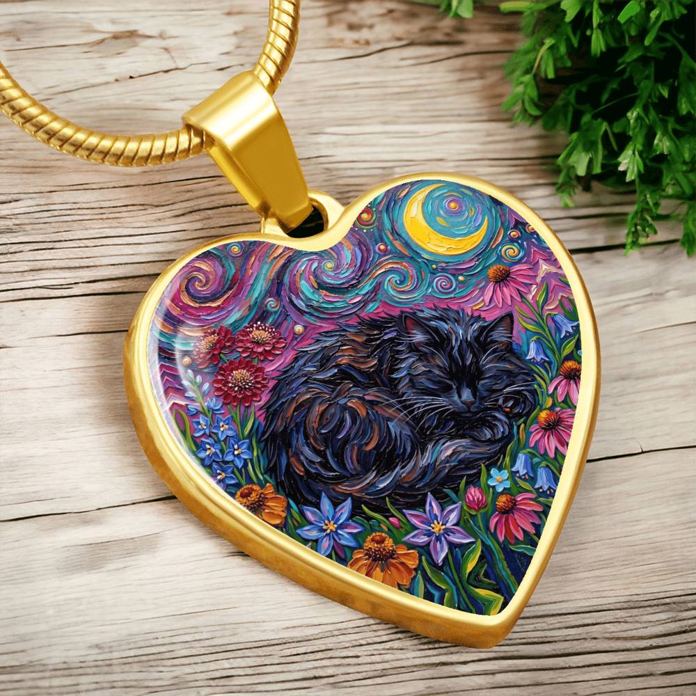 Amongst The Flowers - Sleepy Black Cat Heart Necklace