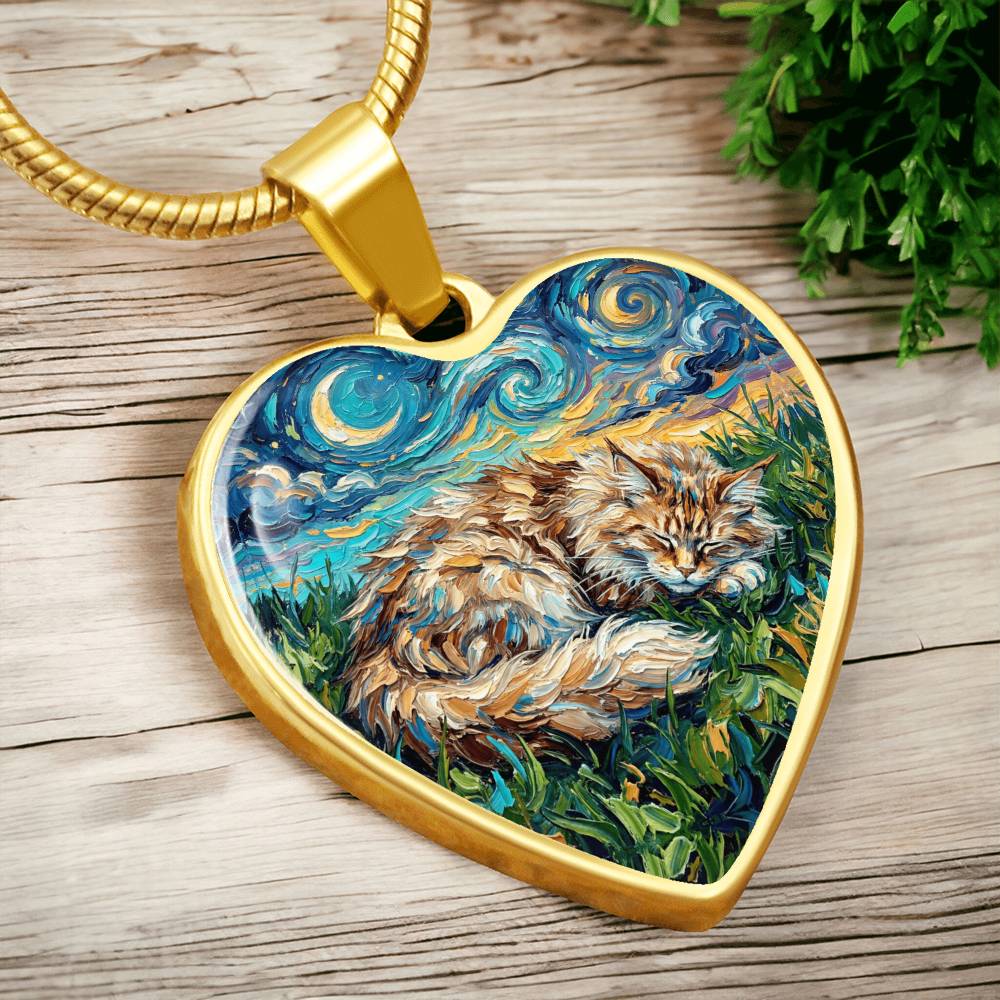 Sleepy Maine Coon Night Heart Necklace