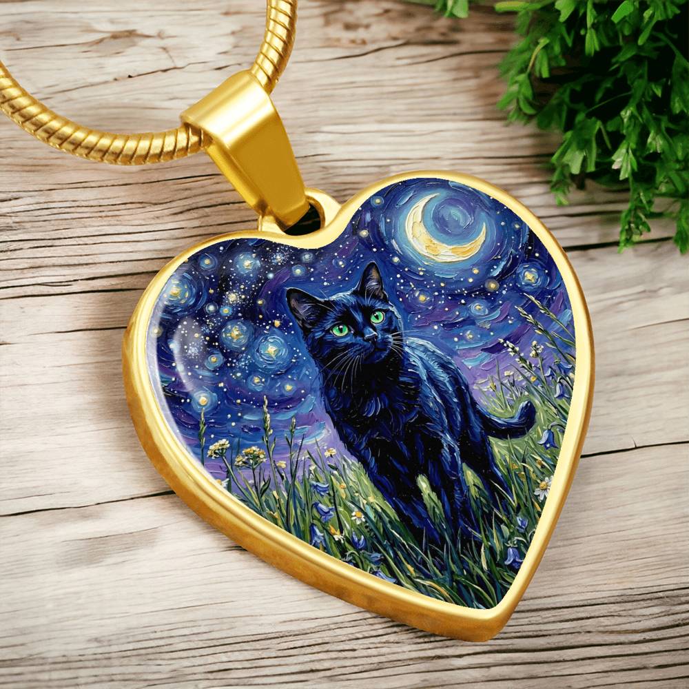 Amongst The Flowers - Black Cat Heart Necklace
