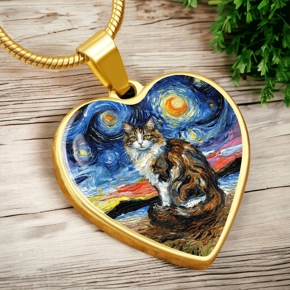 Calico Cat 2 Starry Night Heart Necklace
