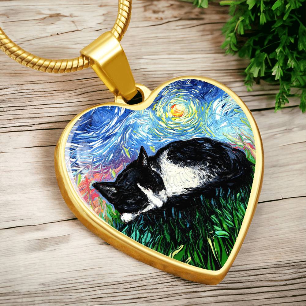Sleepy Tuxedo Kitten Starry Night Heart Necklace