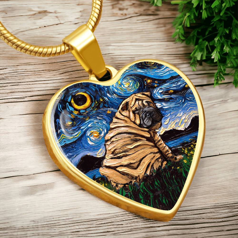 Brown Shar Pei Starry Night Heart Necklace