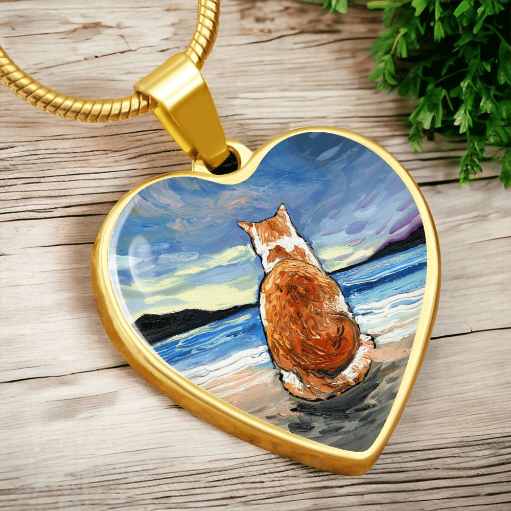 Beach Days - Orange and White Tabby Heart Necklace