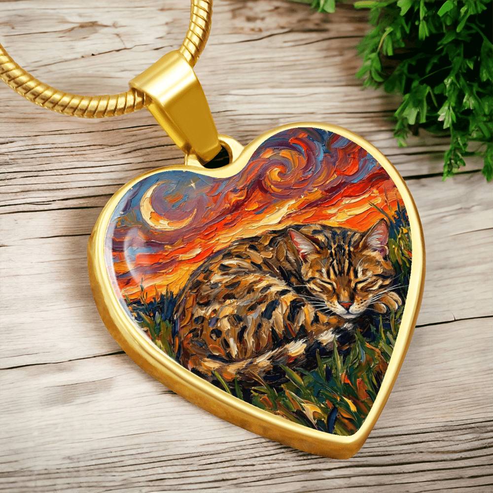 Sleepy Egyptian Mau Night Heart Necklace
