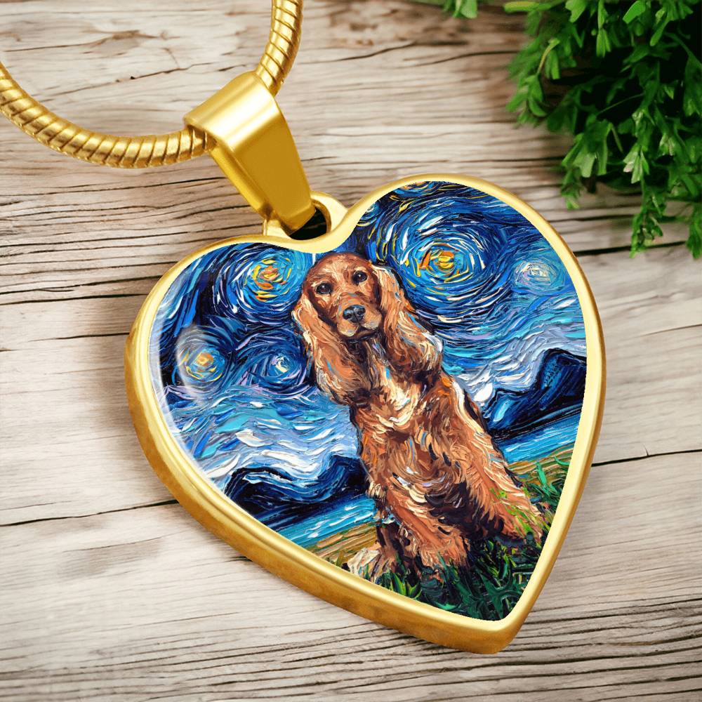 Red Cocker Spaniel Starry Night Heart Necklace