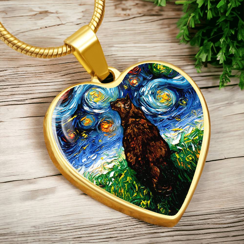 Tortoiseshell Cat Starry Night Heart Necklace