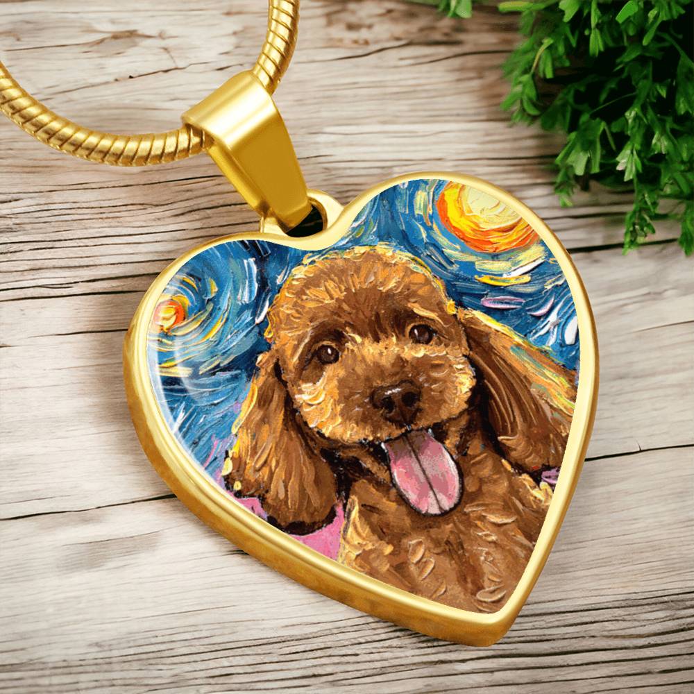 Apricot Poodle Portrait Starry Night Heart Necklace