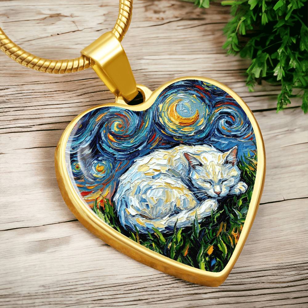 Sleepy White Cat Night Heart Necklace