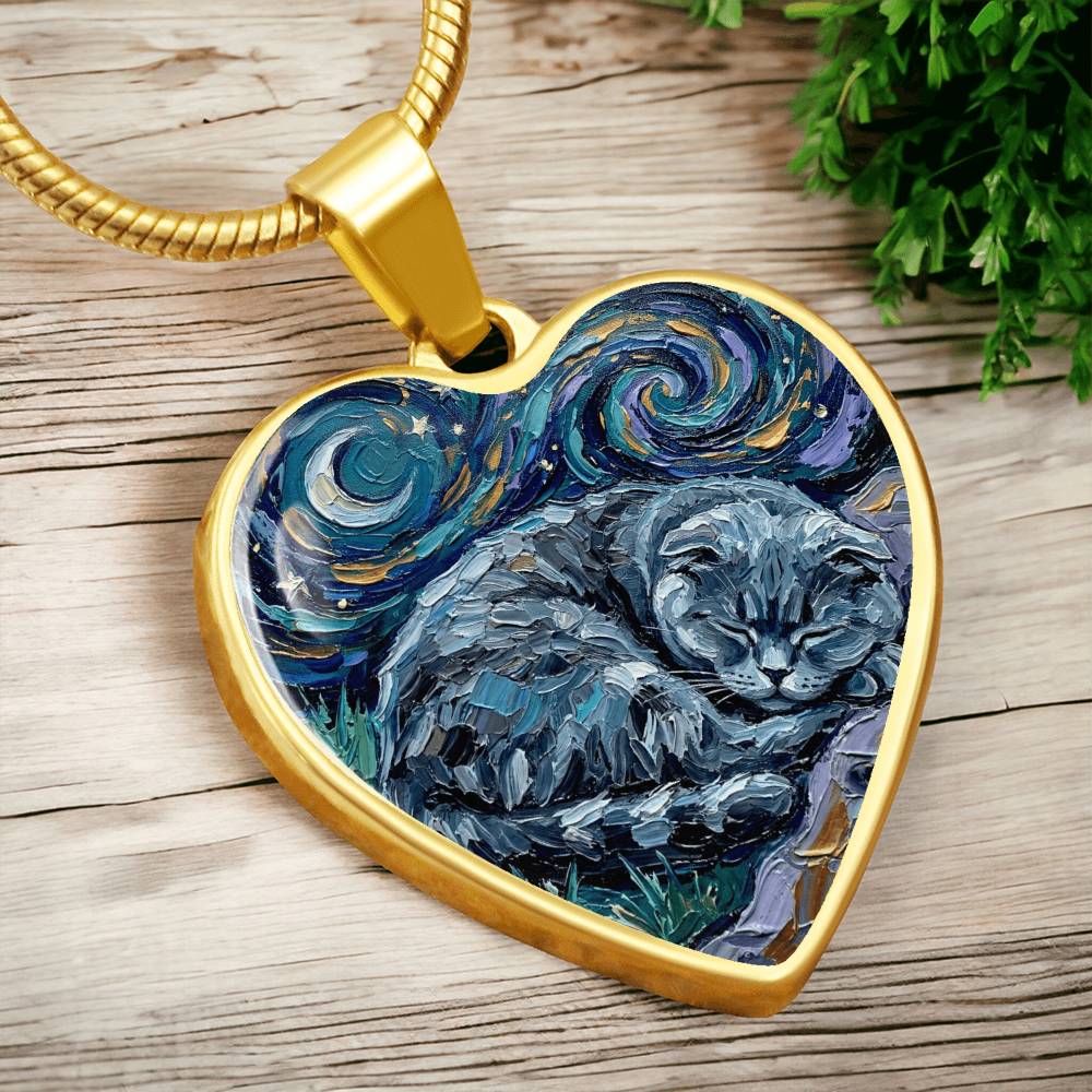 Sleepy Scottish Fold Heart Necklace