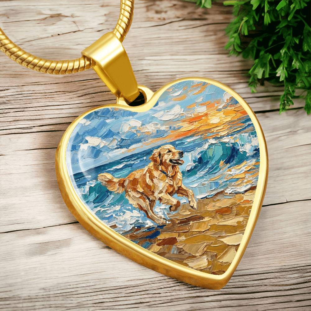 Frolicking Golden Retriever Heart Necklace