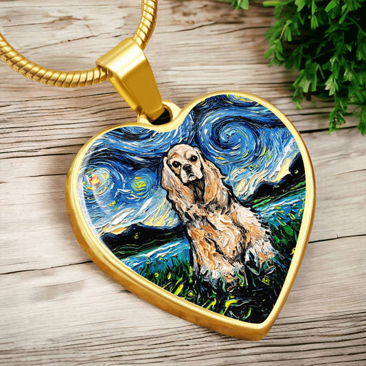 Buff American Cocker Spaniel Starry Night Heart Necklace