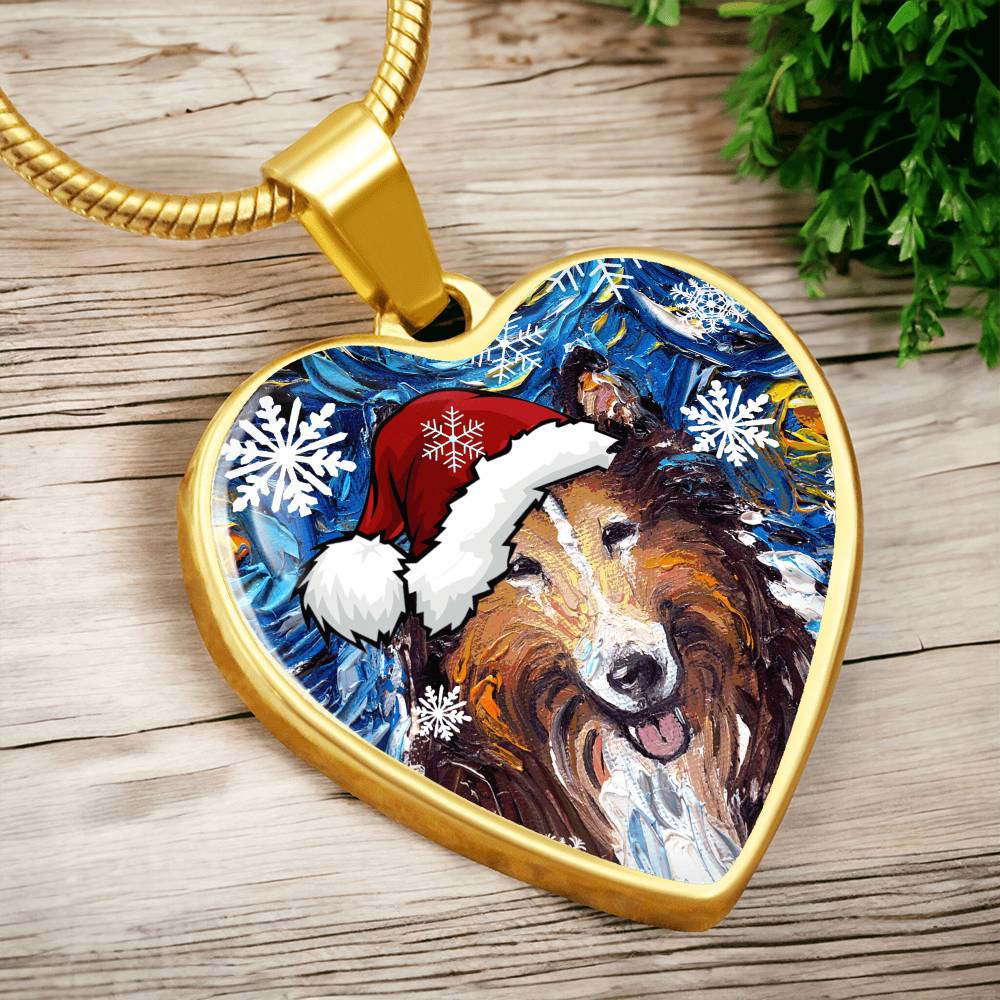 Collie In Santa Hat Starry Night Heart Necklace