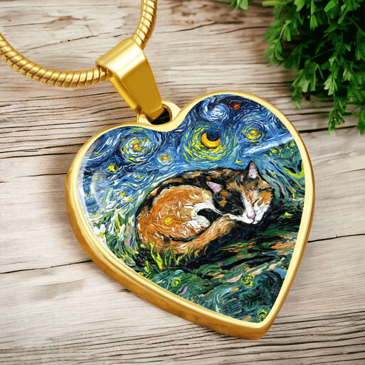 Sleeping Calico Cat Starry Night Heart Necklace