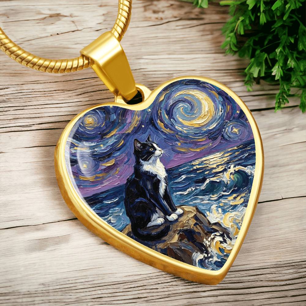 Beach Nights - Tuxedo Cat Heart Necklace