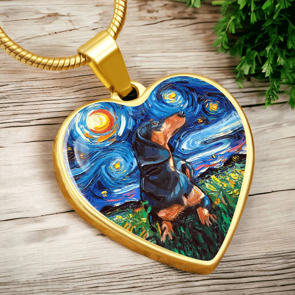 Black and Tan Dachshund Starry Night Heart Necklace