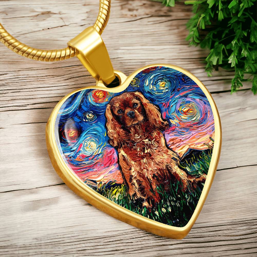Ruby Cavalier King Charles Spaniel Starry Night Heart Necklace