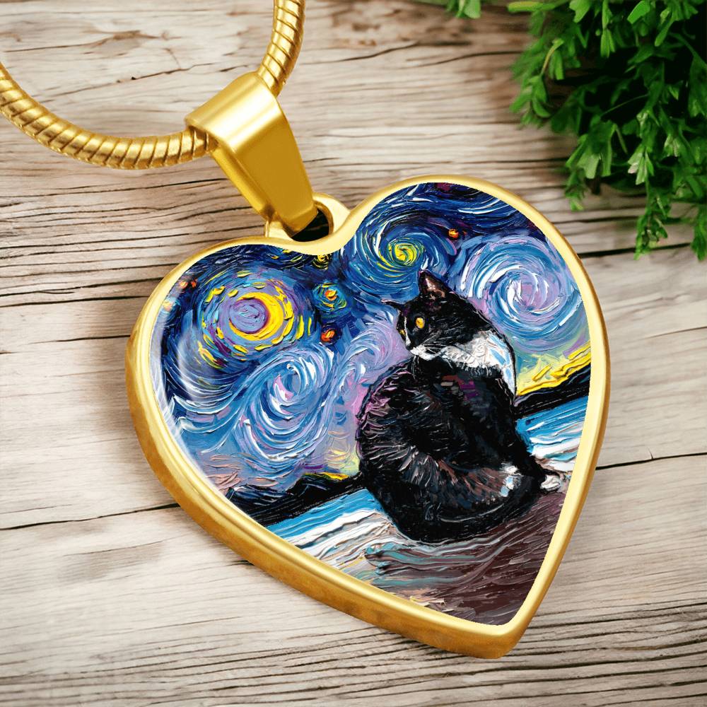 Tuxedo Cat with Yellow Eyes Starry Night Heart Necklace