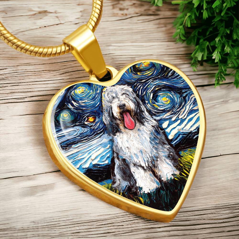 Bearded Collie Starry Night Heart Necklace